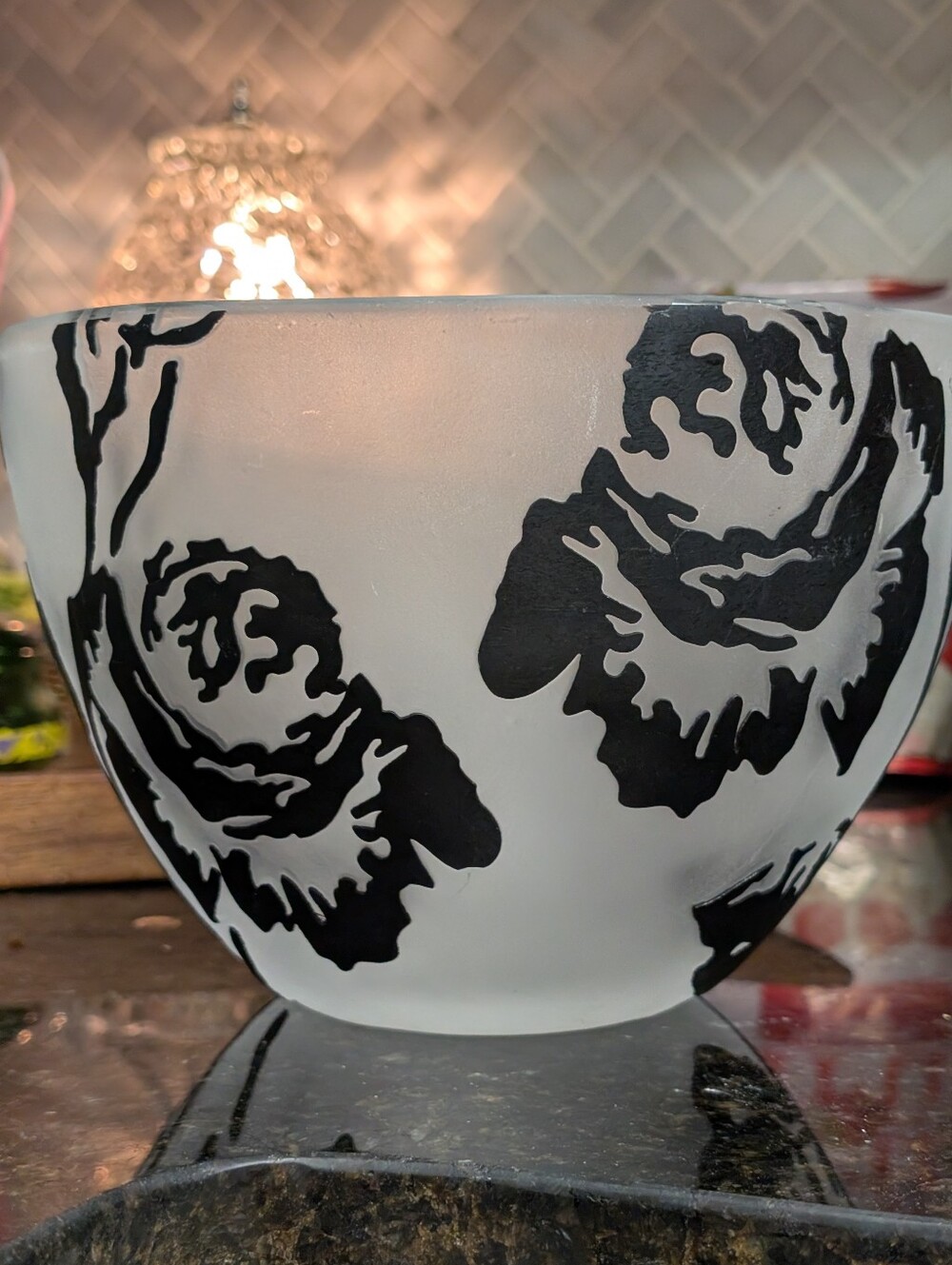 Vintage Frosted Glass Bowl with Carved Black Floral Design